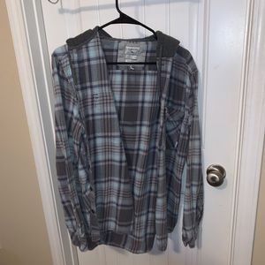 Plaid button up hooded shirt jacket